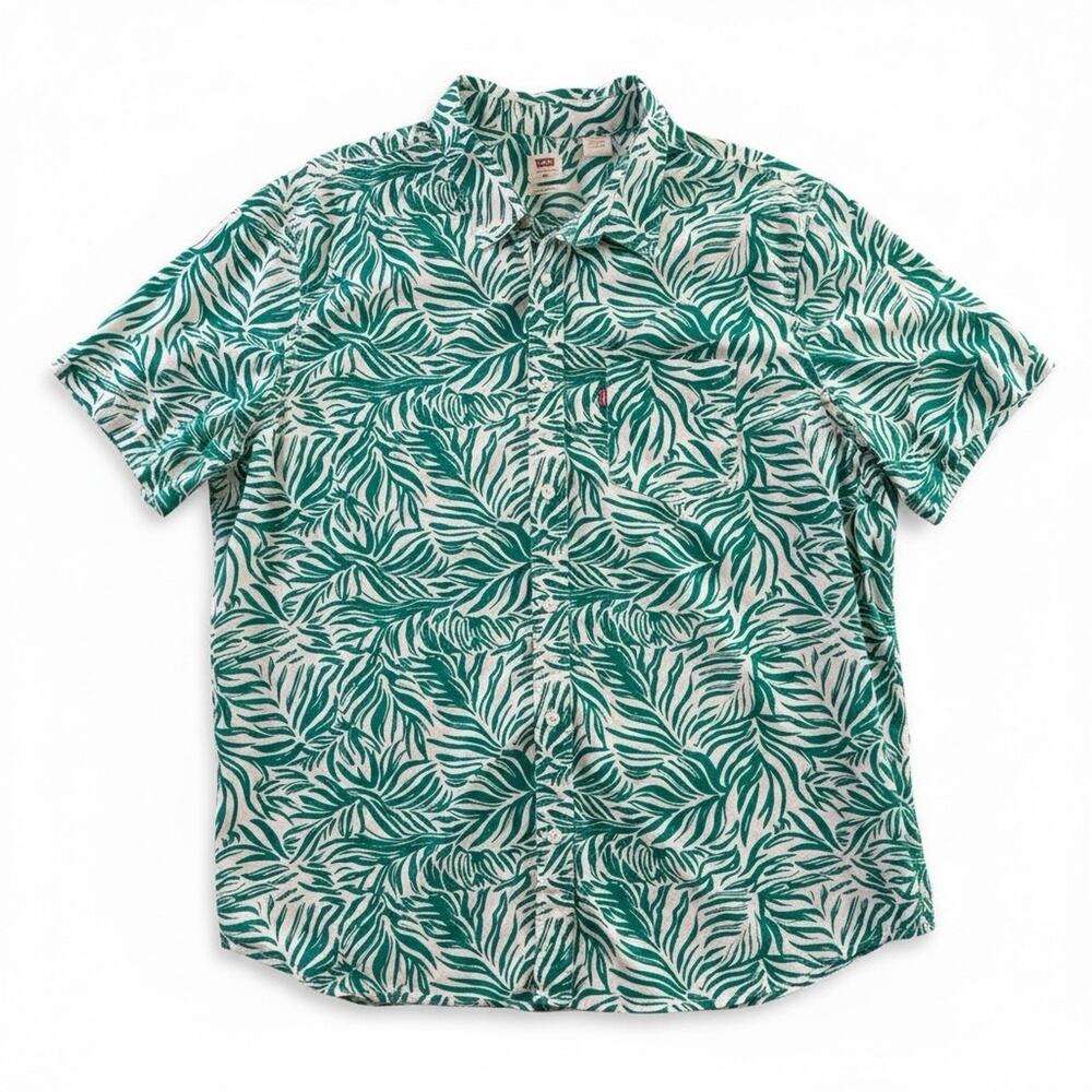 Levi's Men's XXL Tropical Leaf Shirt Green White Short Sleeve Button Up Cotton